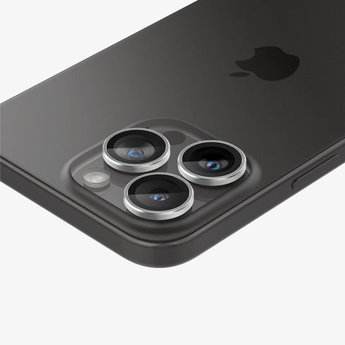 AGL07163 - iPhone 15 Pro / 15 Pro Max Optik Pro Lens Protector in natural titanium showing the device